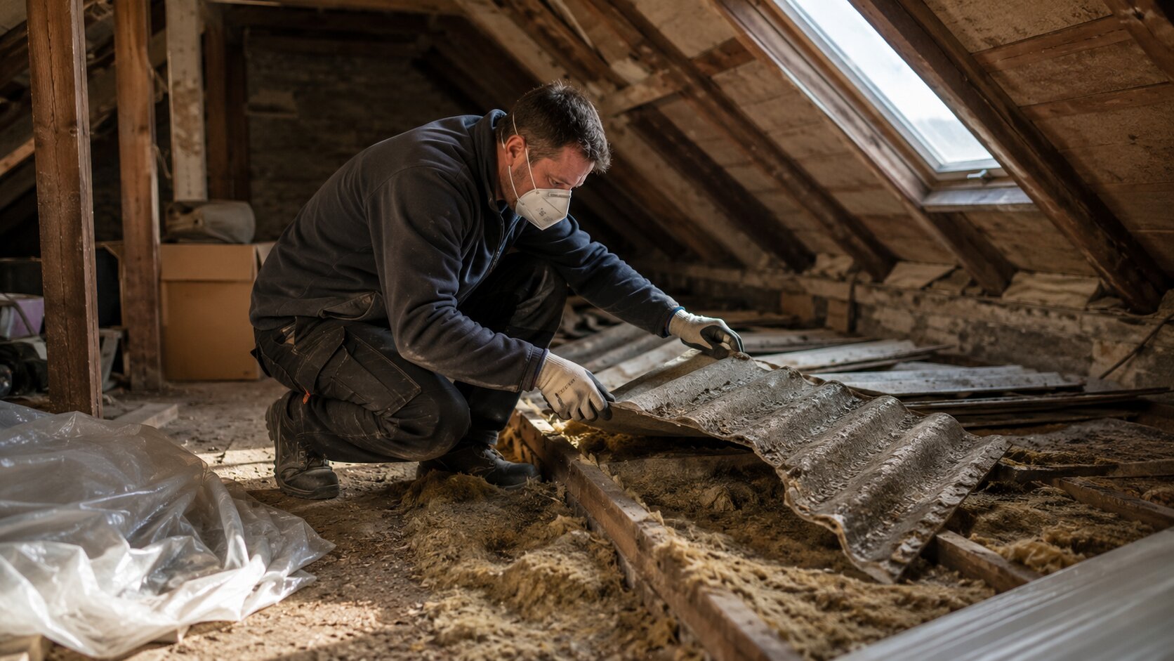 Handwerker mit Schutzausrüstung prüft Dachbodenmaterial vor der Entrümpelung