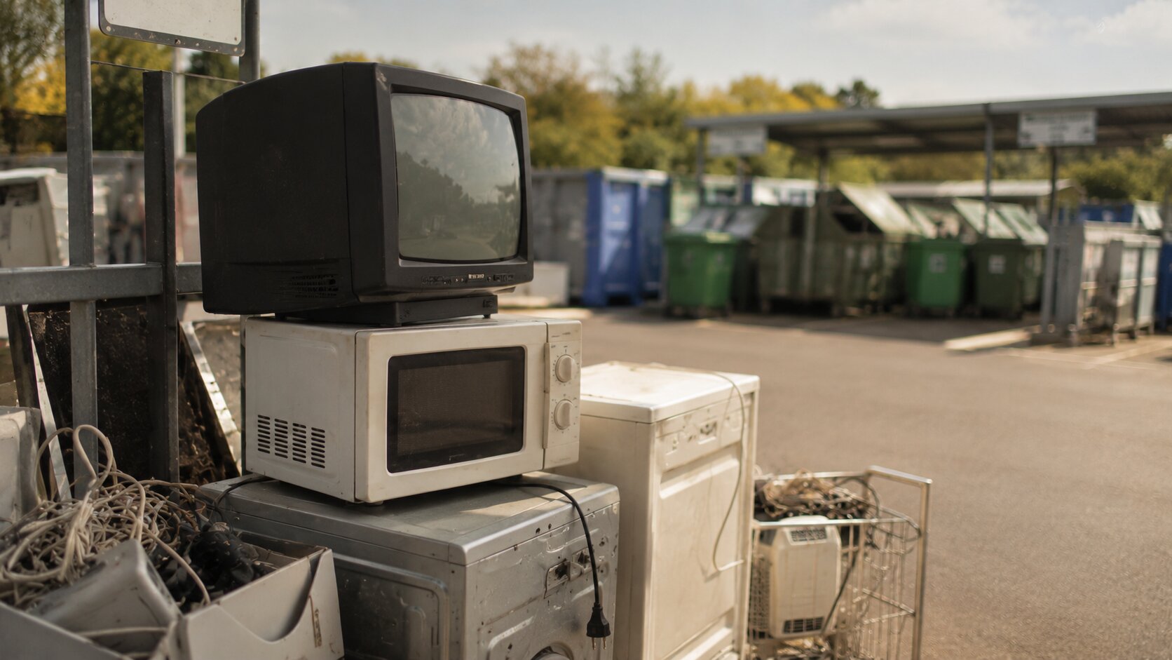 Ausrangierte Elektrogeräte und Farbdosen bei einer Entrümpelung — Elektroschrott und Sondermüll richtig entsorgen