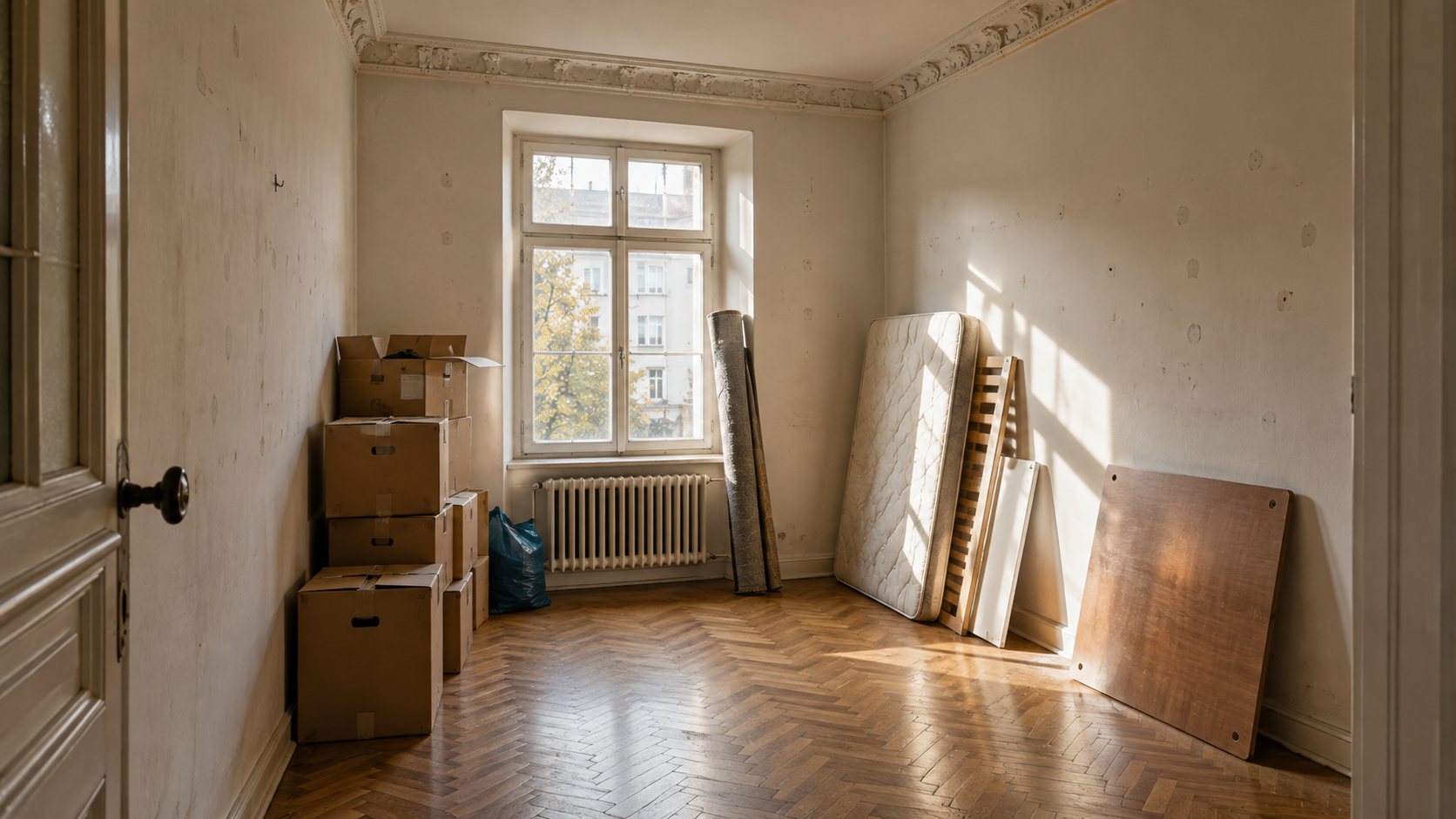 Leeres WG-Zimmer mit Umzugskartons nach der Auflösung