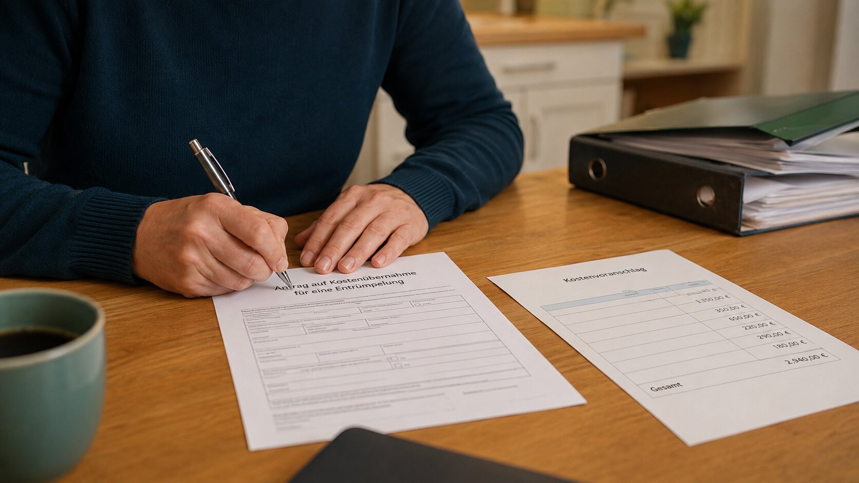 Antragsunterlagen und Taschenrechner — Kostenübernahme der Entrümpelung durch das Jobcenter
