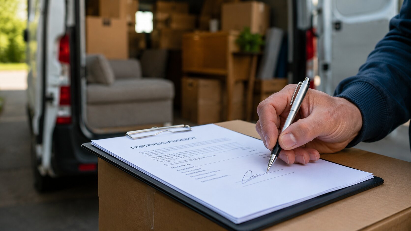 Unterschrift unter ein schriftliches Festpreis-Angebot vor einem beladenen Transporter