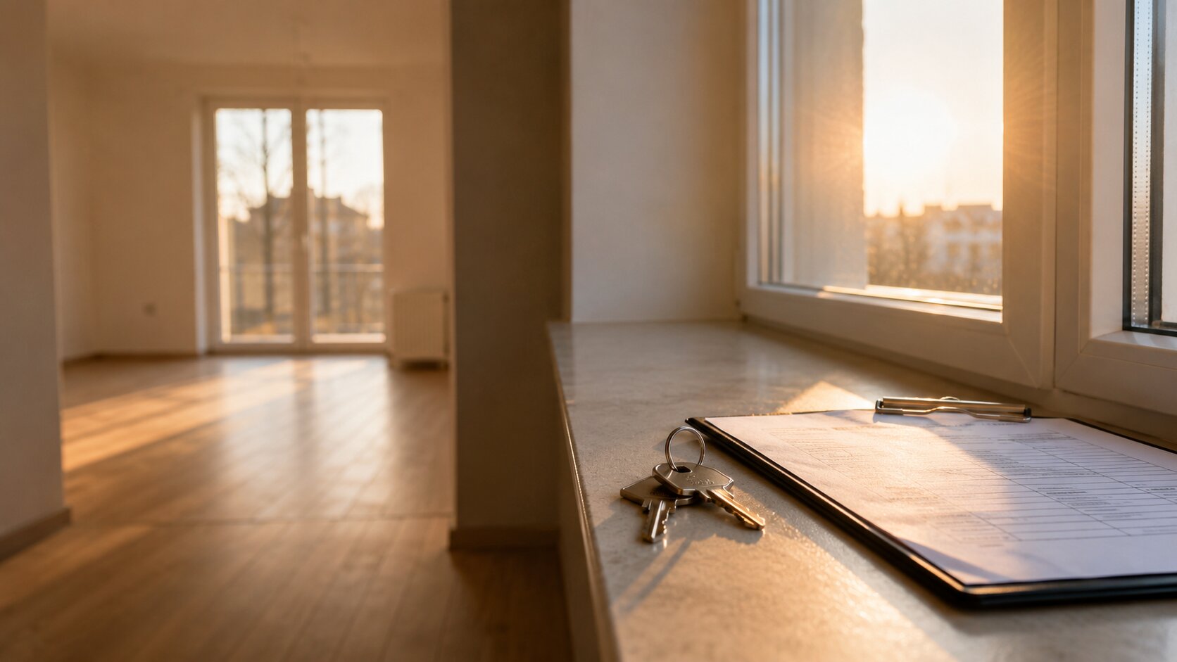 Schlüsselbund und Übergabeprotokoll in einer leeren, besenreinen Wohnung